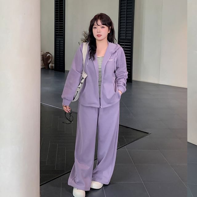 Plus Size Set: Lettering Zip-Up Hoodie + Wide Leg Sweatpants