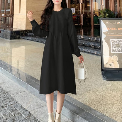 Long-Sleeve Crewneck Plain Knit A-Line Dress