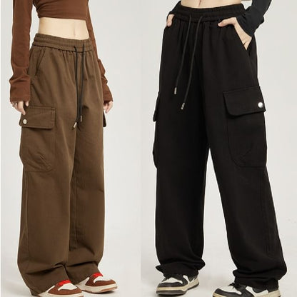 Low Rise Plain Pocket Loose-Fit Wide-Leg Sweatpants