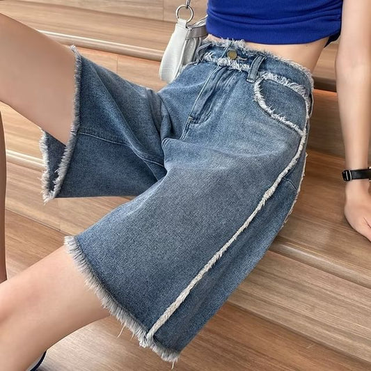 High Waist Frayed Denim Shorts