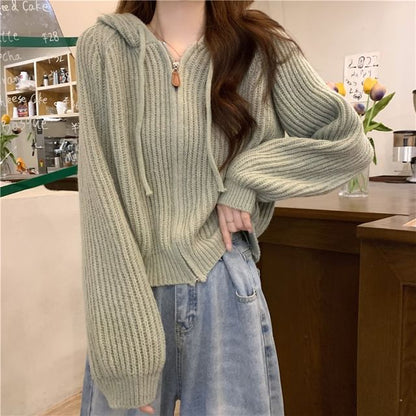 Hooded Ribbed Zip Cardigan