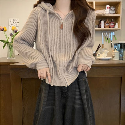 Hooded Ribbed Zip Cardigan