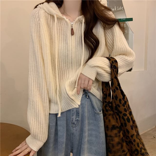 Hooded Ribbed Zip Cardigan