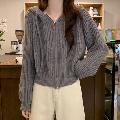 Hooded Ribbed Zip Cardigan