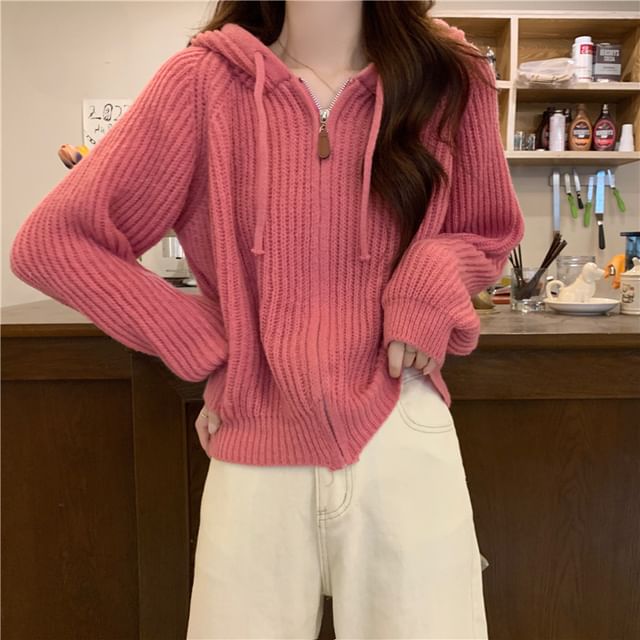 Hooded Ribbed Zip Cardigan