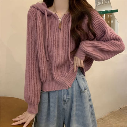 Hooded Ribbed Zip Cardigan