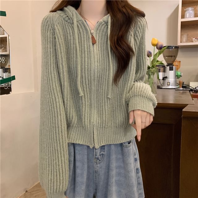 Hooded Ribbed Zip Cardigan