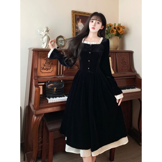 Long Sleeve Square Neck Frill Mock Two Piece Velvet Midi A-Line Dress