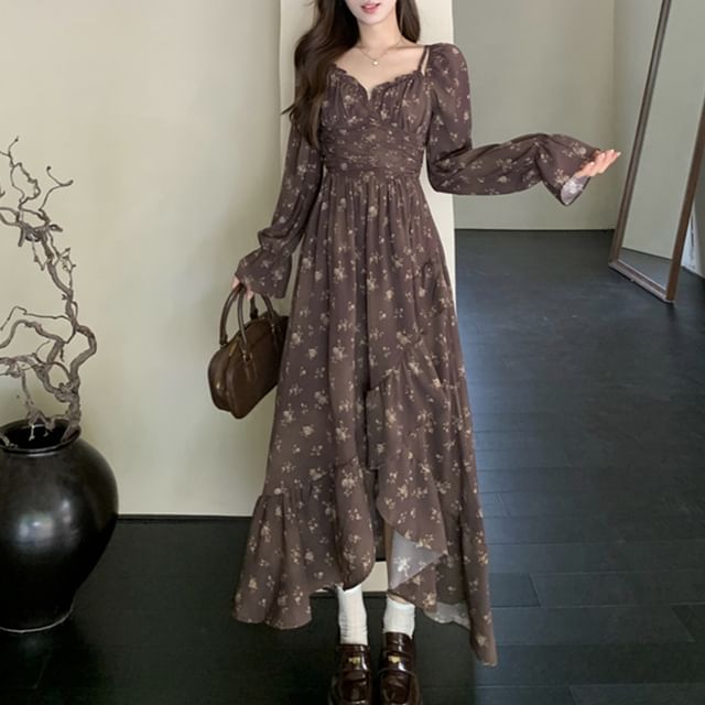 Long Sleeve V-Neck Floral Print Ruffle Ruched Midi A-Line Dress