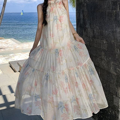 Sleeveless Halter Floral Tiered Midi A-Line Sundress