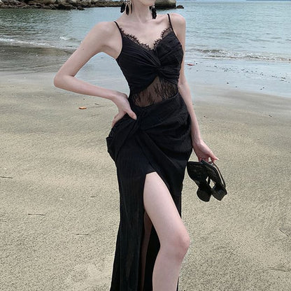 Spaghetti Strap Knot Lace Panel Slit Maxi Sheath Dress