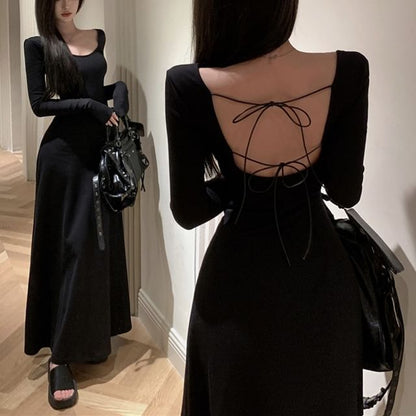 Long-Sleeve Round Neck Plain Open Back Maxi A-Line Dress