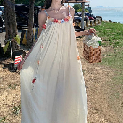 Spaghetti Strap Flower Accent Midi A-Line Dress
