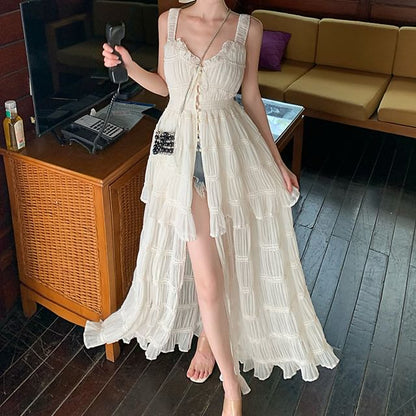 Sleeveless Plain Slit Button Maxi A-Line Dress