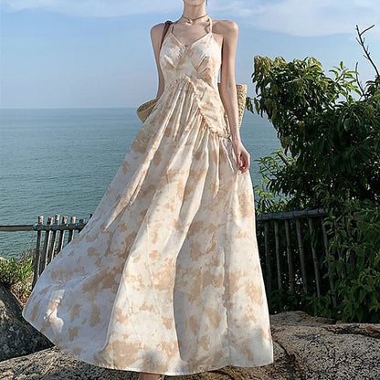 Halter Floral Ruffle Trim Open Back Maxi A-Line Dress