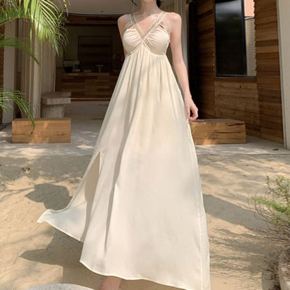 Sleeveless V-Neck Cutout Slit Maxi A-Line Dress