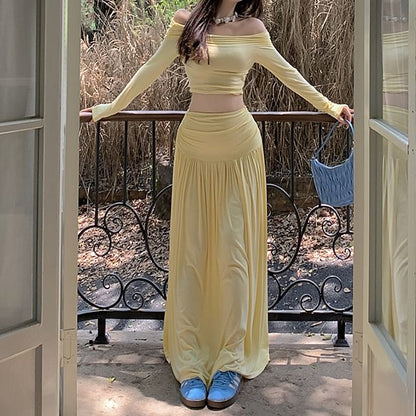 Set: Long-Sleeve Off-Shoulder Plain Crop Slim Fit Tee + High Waist Maxi A-Line Skirt