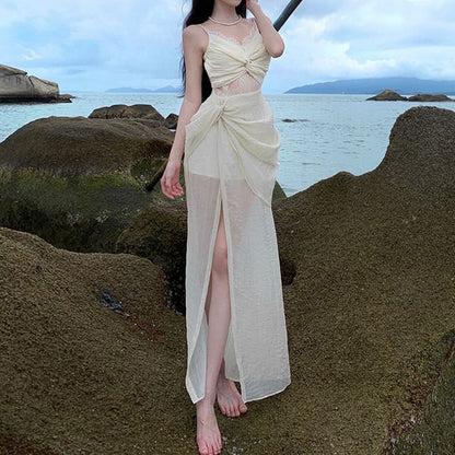 Spaghetti Strap Knot Lace Panel Slit Maxi Sheath Dress