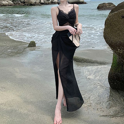 Spaghetti Strap Knot Lace Panel Slit Maxi Sheath Dress