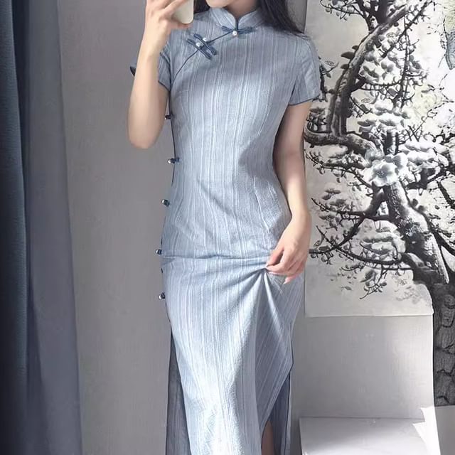 Short Sleeve Mandarin Collar Striped Maxi Bodycon Dress