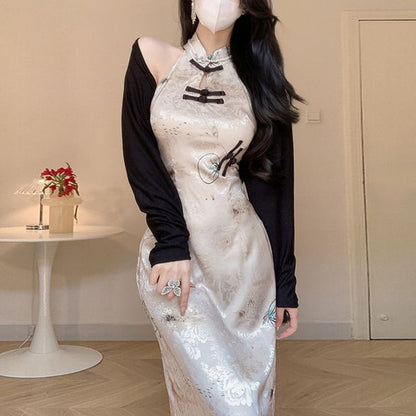 Sleeveless Keyhole Floral Print Maxi Qipao / Plain Shrug / Set