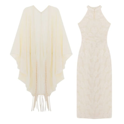 Sleeveless Keyhole Floral Maxi Qipao / Fringe Plain Shawl / Set