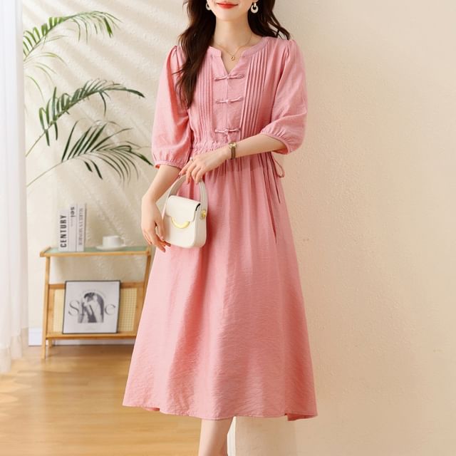 Elbow-Sleeve Notch Neck Plain Bowknot Midi A-Line Dress