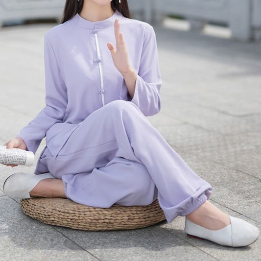 Set: Long-Sleeve Band Collar Plain Hanfu Blouse + Mid Rise Plain Wide Leg Pants