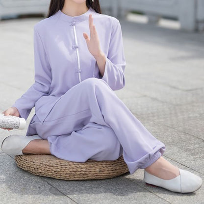 Set: Long-Sleeve Band Collar Plain Hanfu Blouse + Mid Rise Plain Wide Leg Pants