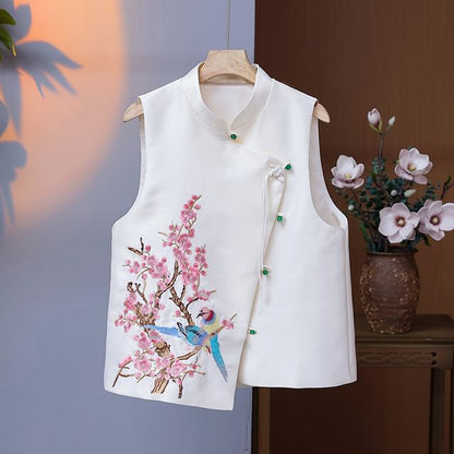 Mandarin Collar Embroidered Bird Floral Button Vest