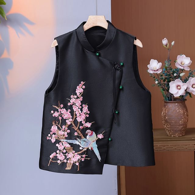 Mandarin Collar Embroidered Bird Floral Button Vest