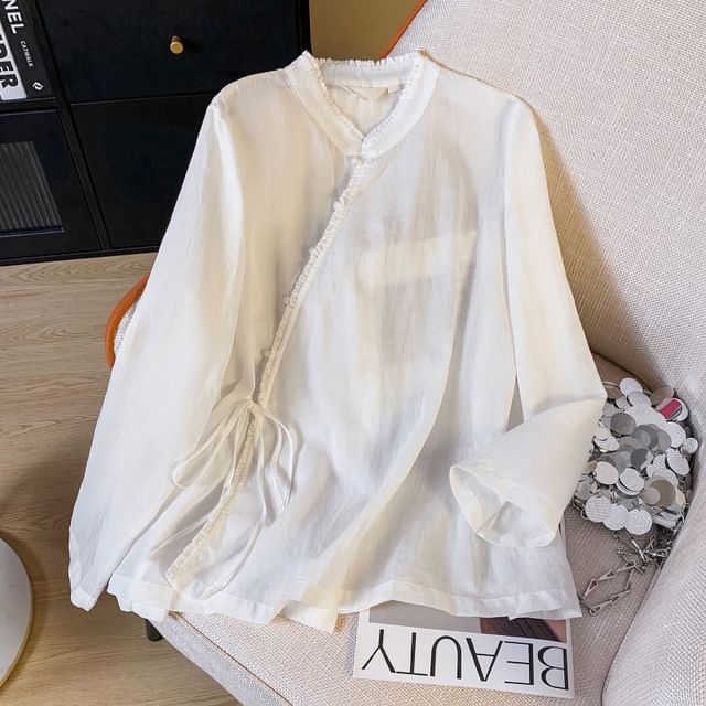 Long Sleeve Band Collar Plain Hanfu Blouse