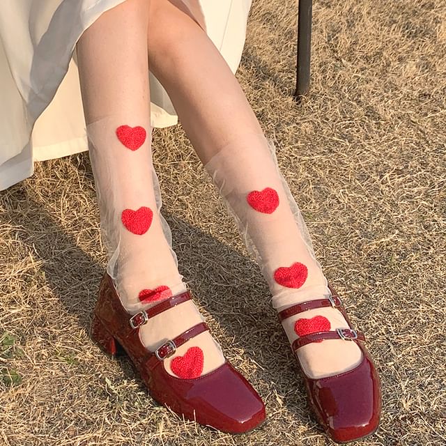 Heart Embroidered Sheer Socks