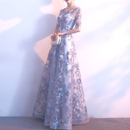 Gown Scoop Butterfly Embroidered Elbow-Sleeve A-Line Neck Evening