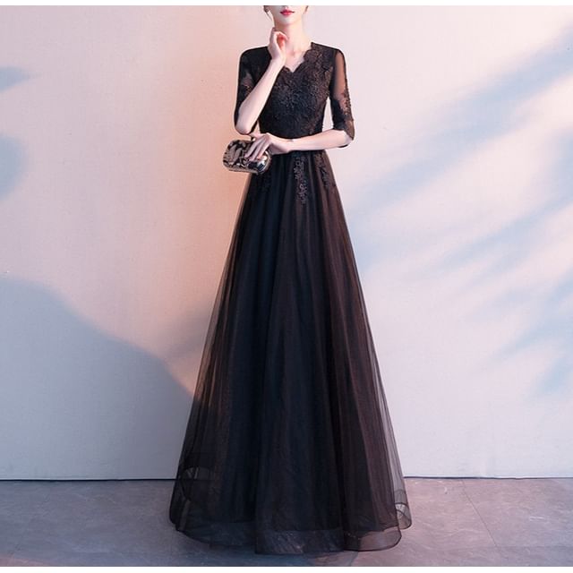 / Dress A-Line Evening Lace Asymmetrical V-Neck Gown 3/4-Sleeve Cocktail