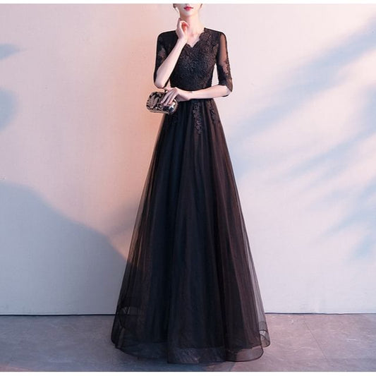 / Dress A-Line Evening Lace Asymmetrical V-Neck Gown 3/4-Sleeve Cocktail