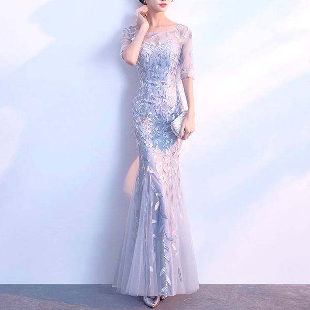 Elbow-Sleeve Neck Sequin Boat Gown Mermaid Evening