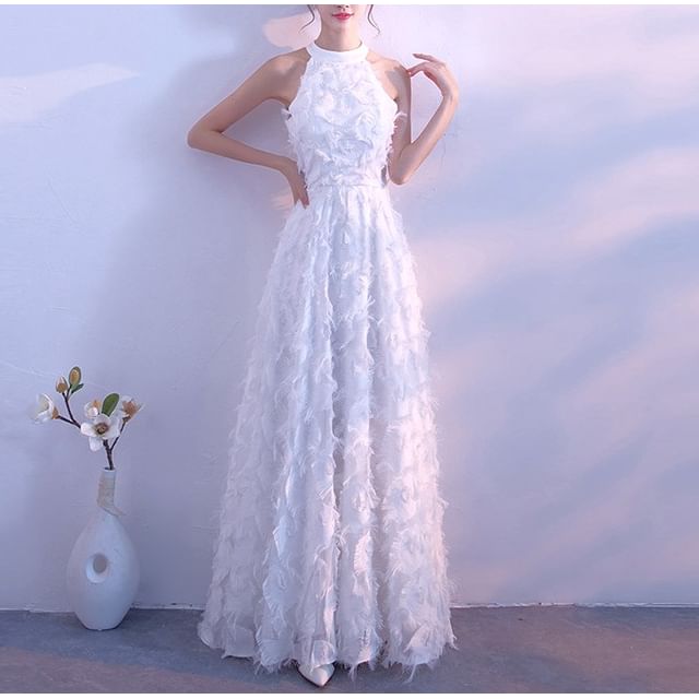 Evening Halter A-Line Gown Fringed Plain