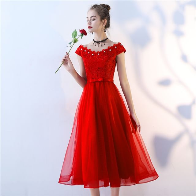 Cap-Sleeve Off Shoulder Floral Lace Midi A-Line Cocktail Dress