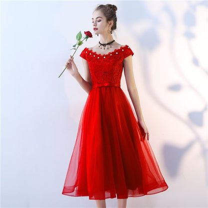 Cap-Sleeve Off Shoulder Floral Lace Midi A-Line Cocktail Dress