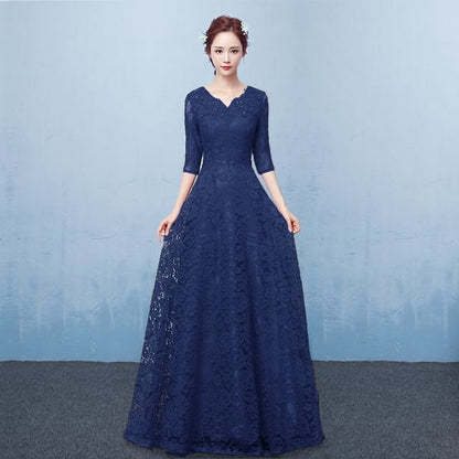 3/4-Sleeve V-Neck Floral Lace A-Line Evening Gown