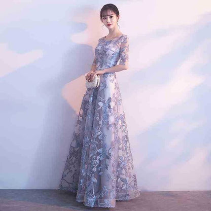 Gown Scoop Butterfly Embroidered Elbow-Sleeve A-Line Neck Evening