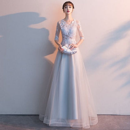 3/4-Sleeve V-Neck Lace A-Line Evening Gown / Asymmetrical Cocktail Dress
