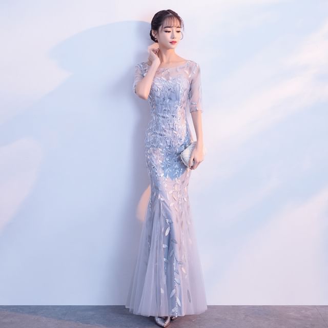 Elbow-Sleeve Boat Neck Sequin Mermaid Evening Gown