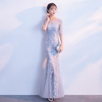 Elbow-Sleeve Boat Neck Sequin Mermaid Evening Gown