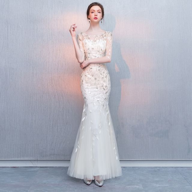 Elbow-Sleeve Neck Sequin Boat Gown Mermaid Evening