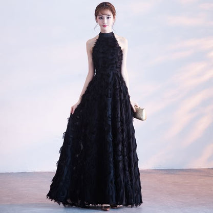 Evening Halter A-Line Gown Fringed Plain