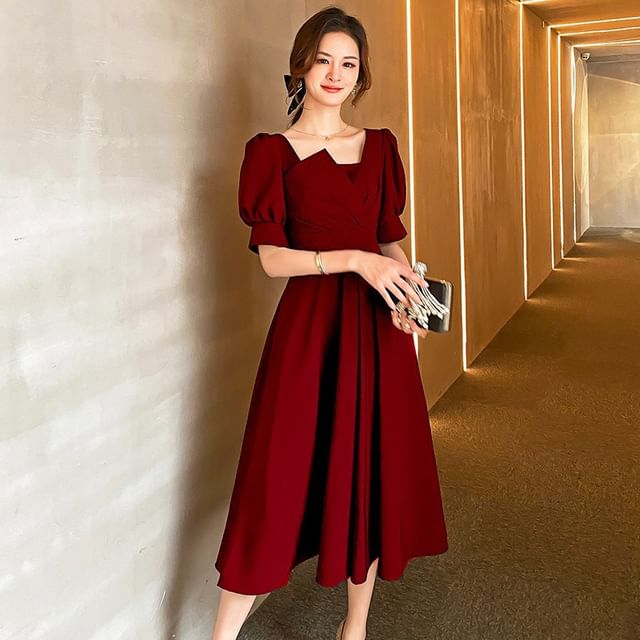 Short-Sleeve Plain Midi A-Line Cocktail Dress