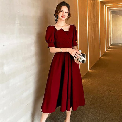 Short-Sleeve Plain Midi A-Line Cocktail Dress