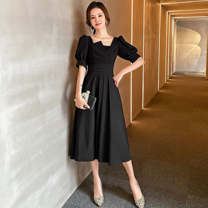 Short-Sleeve Plain Midi A-Line Cocktail Dress